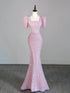 Pink Mermaid Sequins Short Sleeves Long Party Dresss, Pink Sequins Long Formal Dress